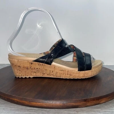 Sandalias Crocs A Leigh para mujer 7 cuero negro tostado cuña tiras punta abierta sin cordones Foto 1 de 4