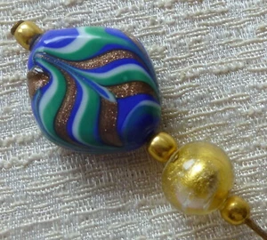 Vintage 1970's Murano Venice 5" Blue Green Gold Blown Glass Scarf / Hat Pin - Bild 1 von 4