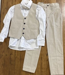 LILAX BOYS FORMAL 4 PIECE BEIGE VESTED SUIT INCLUDING BOW TIE SIZE 9 - Picture 1 of 22