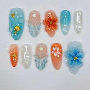 Ocean Bloom Press-On Nails, 3D Shell & Floral, Medium Almond Summer Nails - Picture 1 of 9