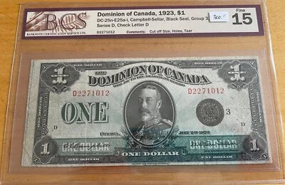 1923 Dominion of Canada $1 - BCS Fine 15 - Cut off Size Error - SN: D2271012 - Image 1 of 2