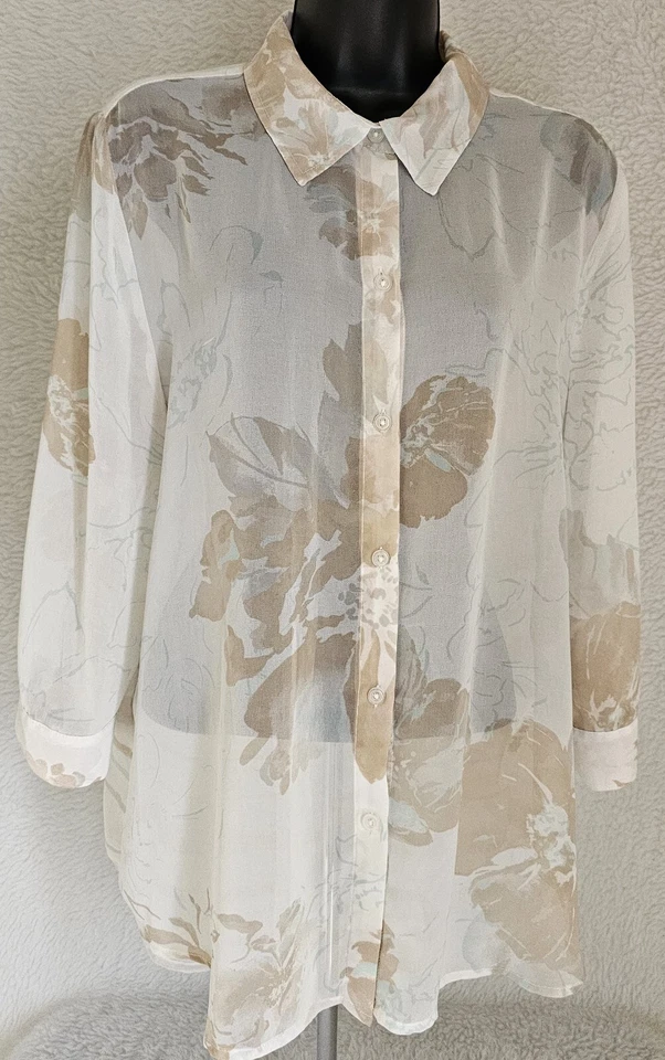 Chico's Womens Shirt Top Blouse Size 2 L 12 Brown White Blue Floral Striped - Image 1 of 4