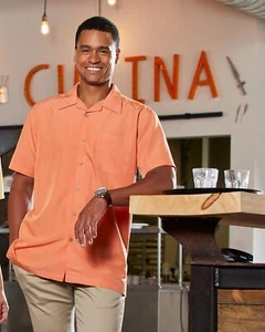 Tangerine 5XL Harriton CUBAVERA STYLE Men's Barbados Textured Button Down Shirt - Picture 1 of 5