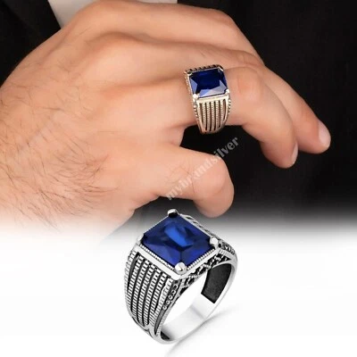 Solid 925 Sterling Silver Handmade Jewelry Blue Topaz Men's Ring All Size - Image 1 of 3