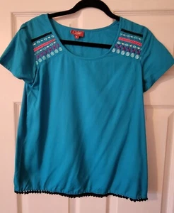 Coline Turquoise embroidered top with pom pom detail at hem  Size S NWT - Picture 1 of 6