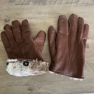 Vintage Brown Leather Gloves Size 11 Large Full Rabbit Fur Lined Soft *READ
