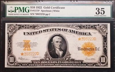 1922 $10 Gold Certificate Star Note (FR 1173*) PMG VF 35 - Image 1 of 2