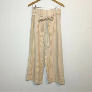 American Eagle Linen Blend Wide Leg Elastic Waistband Belted Striped Pants - Picture 1 of 7