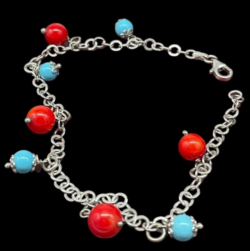 Cavigliera donna catenina ad anelli in argento 925 e pietre di Corallo Turchese. - Immagine 1 di 4