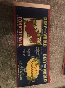 Old Vintage 1940's Defy The World Tomato Paste Can LABEL Kelty & Son QUINTON N.J - Picture 1 of 3