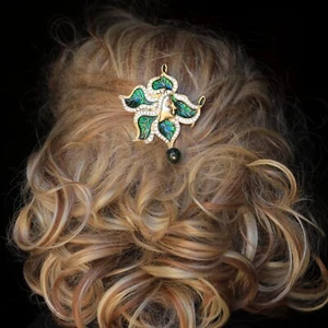 Large Hair Comb Art Nouveau Gold Leaf Green Enamel Woman Face XZ24 - Picture 1 of 8