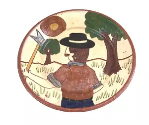 Vintage Folk Art Portugese Farmer Terra Cotta Pottery Bowl, 8-1/2" Diameter - Picture 1 of 8
