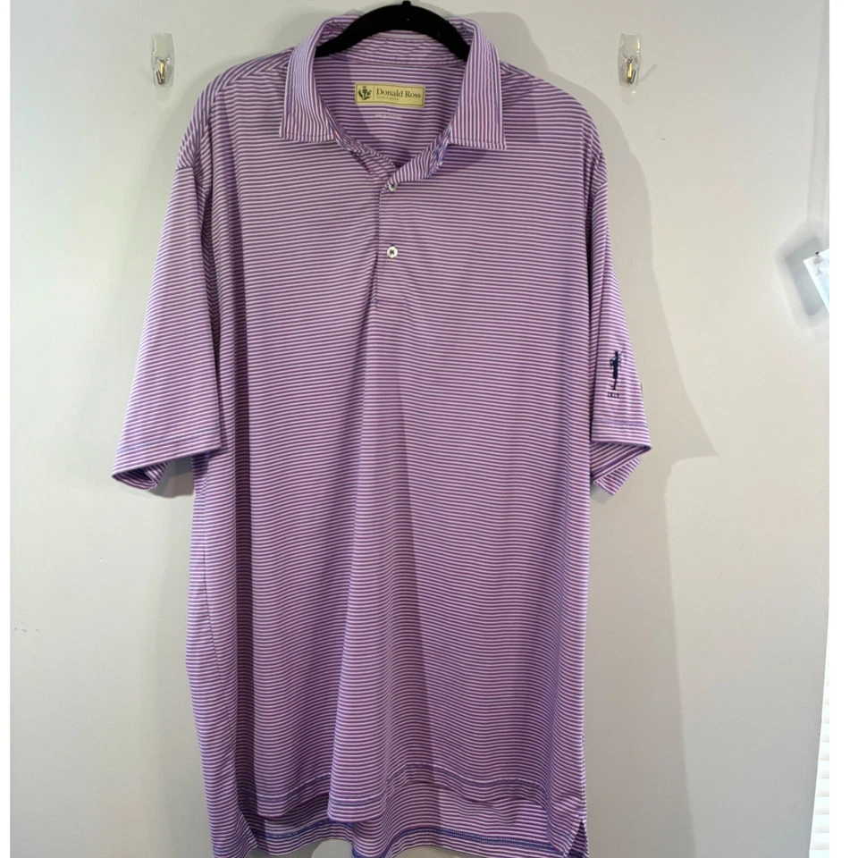 Camisa polo de golf Donald Ross a rayas púrpura atlética elástica para hombre talla L Foto 1 de 4