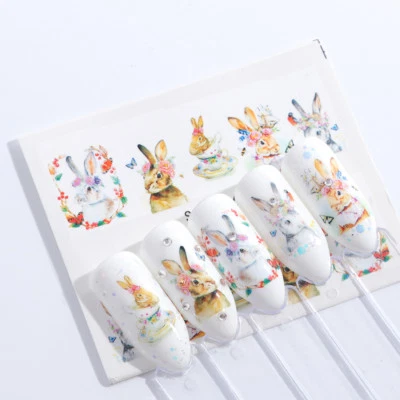 NAIL WATER DECALS EASTER Nail Art Wasseraufkleber Aufkleber Transfers Ostern Hase Kaninchen Teetassen (S662)