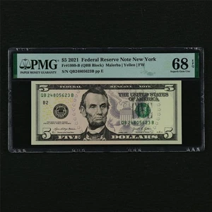 2021 Federal Reserve Note New York 5 Dollars Fr#1999-B PMG 68 EPQ Superb Gem UNC - Picture 1 of 4