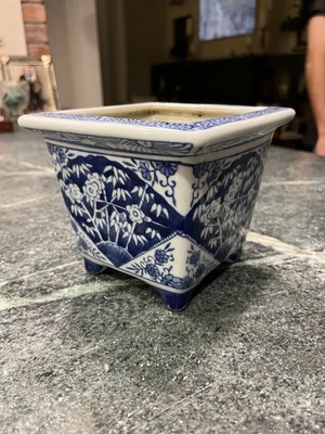 Blue And White Chinoiserie Square Footed Cachepot Planter Floral 6” x 6” - Image 1 of 4
