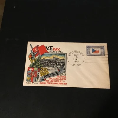 1945 WWll PATRIOTIC COVER FLUEGEL V-E DAY PRAGUE CAPITAL Of CZECHOSLOVAKIA USA  - Image 1 of 2