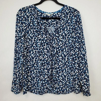 Top Boden para mujer EE. UU. 12 cuello en V estampado de puntos abstractos manga larga azul blanco popover Foto 1 de 4