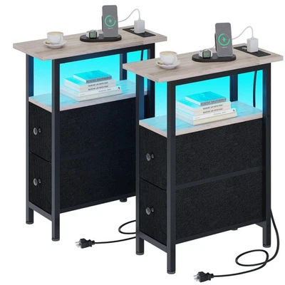 End Table Set 2 with Charging Station, Narrow Side Table with 2 Fabric Drawer... - Image 1 of 4