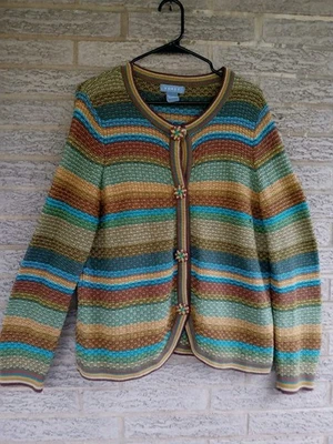 Cárdigan suéter vintage Koret para mujer boho tejido a rayas talla L hippie Foto 1 de 4