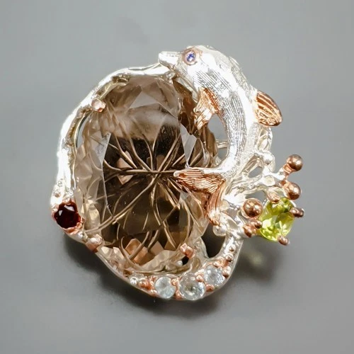 Broche de cuarzo ahumado natural hecho a mano de 25 quilates + plata de ley 925/NB29508 Foto 1 de 4