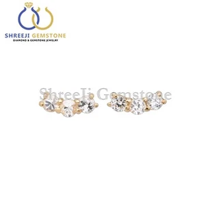 Solid 14k Yellow Gold White Sapphire Curve Stud Earrings Handmade Fine Jewelry - Picture 1 of 4