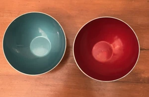 Vtg 70s? Red/Teal Enamelware&Stainless Steel Unmarked MCM 5.75"Diam x 2.5"Tall - Picture 1 of 7