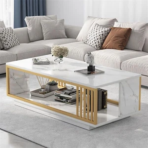 Modern White GOLD Coffee Table High Gloss Marble Veneer Rectangle Living Room - Picture 1 of 11