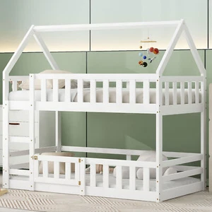 Twin over Twin House Bunk Bed with Fence and Door, White - Picture 1 of 12
