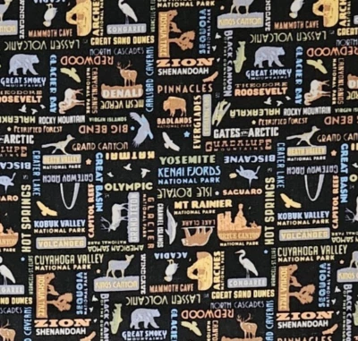 Tela Parques Nacionales Nombres Palabras Negro R BLAKE Edredones Algodón ESCANTO 1 1/4 YDS Foto 1 de 3