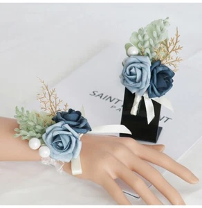 Artificial Rose Wrist Corsag and Boutonniere in Bluish-Grey Color - Picture 1 of 4