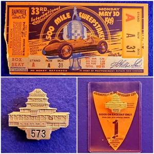 1949 Indy 500 SILVER #573 - Pit Badge w/Race Team BUC #1 and Finish Line Ticket! - Picture 1 of 9
