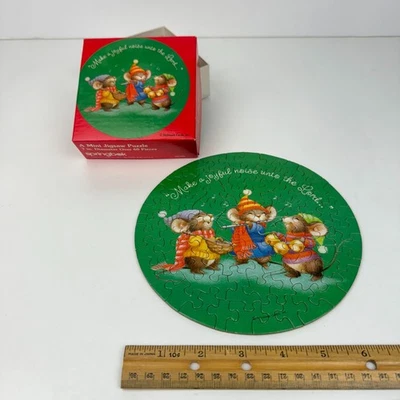 Vtg Christmas Holiday Mice Green Springbok Hallmark 7in Round Cardboard Puzzle - Image 1 of 4