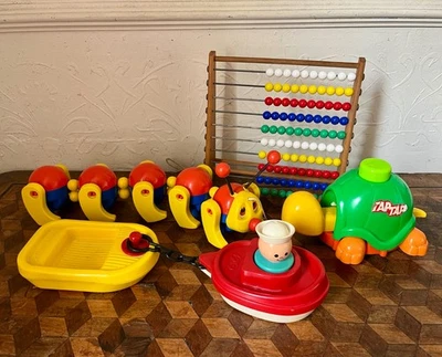 Lot Vintage 70s 80s Fisher Price Tomy Toys Caterpillar Turtle Abacus Boat Props - Image 1 of 4