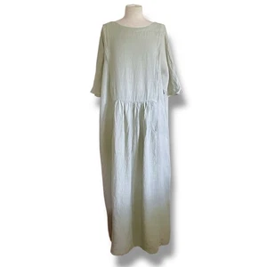 Vintage Cut Loose Womens Linen Maxi Dress Sz Large Green Lagenlook Minimalist - Picture 1 of 9