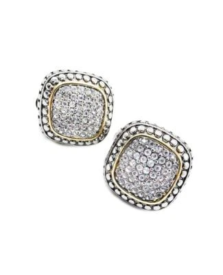 Pendientes CLÁSICOS Plateados Textura Chapados en Oro Cristales Cuadrados Omega Poste Trasero Foto 1 de 2