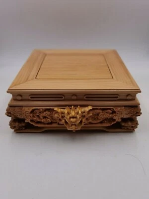 China solid wood pine carved dragon square desk stand shelf display Buddha base9 - Image 1 of 4