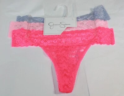 NUEVO CON ETIQUETAS CONJUNTO DE 3 TANGAS DE ENCAJE JESSICA SIMPSON ROSA AZUL MELOCOTÓN talla L Foto 1 de 4