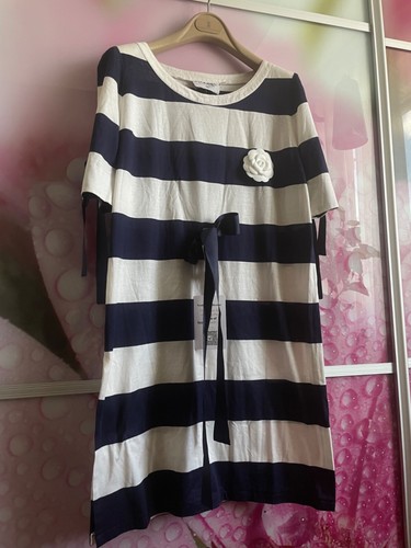 Abito estivo Chanel boutique in cotone a righe con Camelia UK 10 12