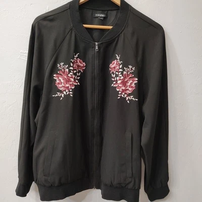 Chaqueta Roz & Ali Mujer Talla 2X Negra Cremallera Bordada Borgoña Rosas Bolsillos Forrada Foto 1 de 4