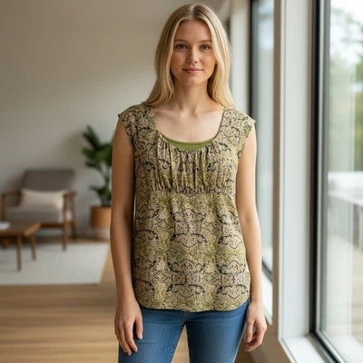 Vintage Y2K 2000s Axcess Green Cinched Ruched Seamed Bodice Top XL Boho Casual - Image 1 of 4