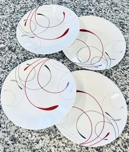 Set (4) SPLENDOR Corelle 6,75" Dessertschalen ROT & SCHWARZ Schnörkellinien - Bild 1 von 8