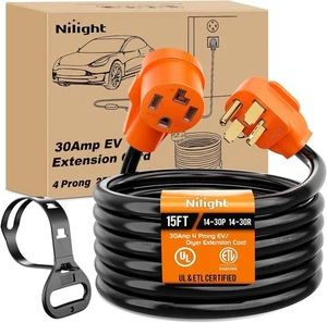 Nilight 15 Fuß EV Trockner Verlängerungskabel 4 Zinken 30 Amp NEMA 14-30P 14-30R altes Kabel - Bild 1 von 3