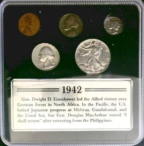 5 US Coins 1942 90% Silver WWII Mint Set Sealed Plastic Holder