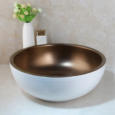 Lavabo lavabo de cerámica redondo para baño blanco y marrón con desagüe de basura Foto 1 de 2