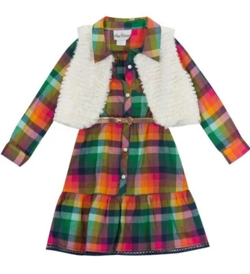 Новый с Ярлыками редкая издания девочек 2T радуга клетку платье с длинным рукавом искусственного меха жилет - Изображение 1 из 2