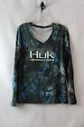 Huk Fishing Women's Blue/Green V Neck Performance Upf Shirt Sz L