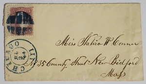 1864 CHICAGO ILLINOIS COVER BLUE CORK GRID KILLER to NEW BEDFORD, MA - Picture 1 of 3