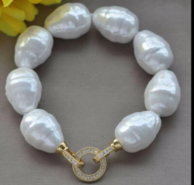 LARGE 20MM SOUTH SEA WHITE BAROQUE SHELL PEARL BRACELET 7.5 All Saints' Day Pray - Image 1 of 4
