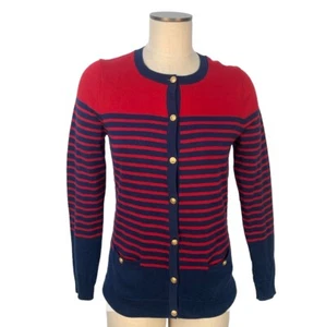 Lands End Womens Navy Blue Red Striped Cardigan Sweater Small Supima Cotton - Picture 1 of 7